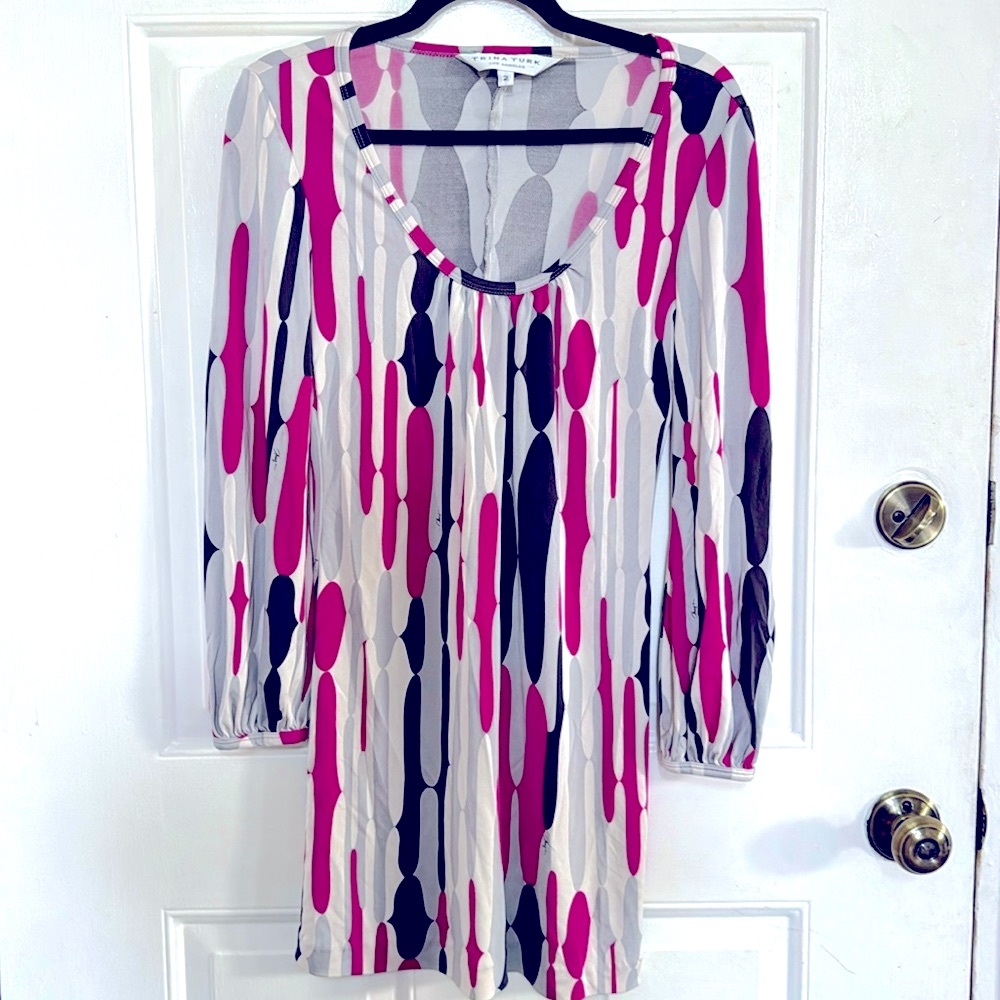 Trina Turk 100% Silk Purple Black Gray Abstract Shift Dress